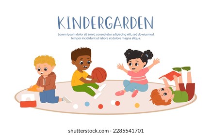 Kids play toys and games together in kindergarden. Cartoon playroom with children.