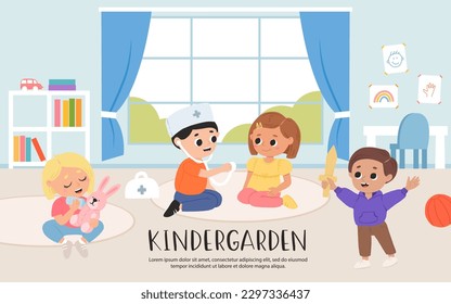 Kinder spielen zusammen Spielzeug und Spiele im Kindergarten. Cartoon Spielzimmer mit Kindern.