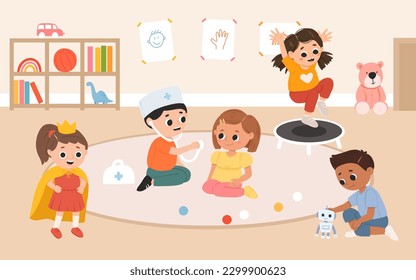 Kids play toys and games together in kindergarden. Cartoon playroom with children.