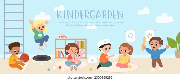 Kids play toys and games together in kindergarden. Cartoon playroom with children.