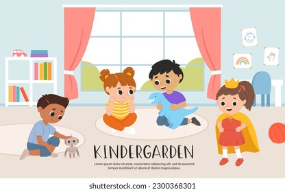 Kinder spielen zusammen Spielzeug und Spiele im Kindergarten. Cartoon Spielzimmer mit Kindern.