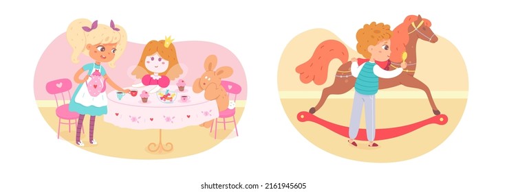 Kids play with toys at home set vector illustration. Cartoon girl holding pink teapot for tea ceremony with dolls at table, boy playing and combing mane of wooden rocking horse solated on white