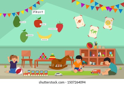 Kids Play Toys Kindergarten Classroom Interior Children School Furniture Vector Illustration - Shutterstock ID 1507264094