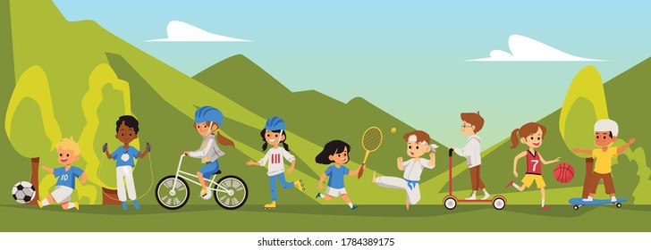 Kids play various sports. Physical activity of children outdoors in the park or in nature. Banner with cartoon characters. Vector flat illustrations.