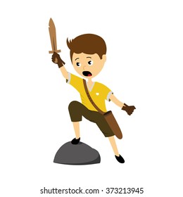 Kids play. Vector illustration of a boy with sword