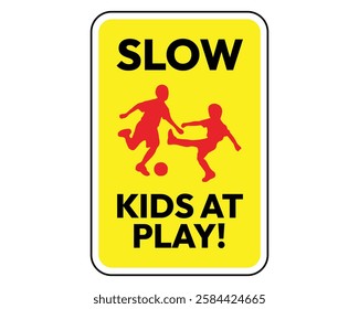 Kids at Play Warning Sign Vector. Yellow safety sign featuring playing children silhouettes, ideal for residential areas and schools.