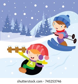 Kids play in winter. Children playing in the snow. Winter post-card design series