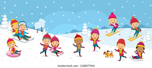 kids play in winter on the winter background,illustration,vector