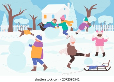 Kids play in winter snowy park, make snowman vector illustration. Cartoon boy girl friends characters playing game, child rolling snow balls and jumping. Winter season fun activity concept background