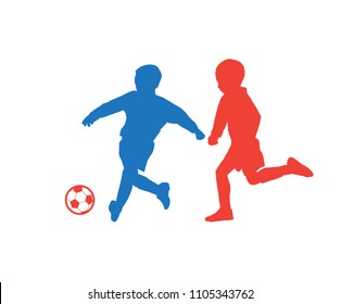 Kids Players soccer silhouette, isolated on white background vector people red and blue color world, soccer competition, kids camp, summer champion children football, boys soccer ball, web, ru, print