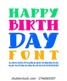Kids playful font, alphabet in the cartoon style, multicolored bright rounded uppercase and lowercase Latin letters from A to Z and Arab numbers from 0 to 9 for you designs, vector illustration 10EPS