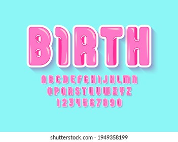 Kids playful font, child alphabet in the cartoon style, bright rounded cute uppercase pink letters and numbers, vector illustration 10eps