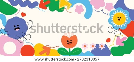 Kids playful frame vector background with cute characters, hearts and colorful shapes around copyspace. Fun illustration design for posters, invitations and banners.