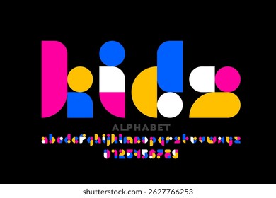 KiDs. Playful style font, alphabet letters and numbers vector illustration