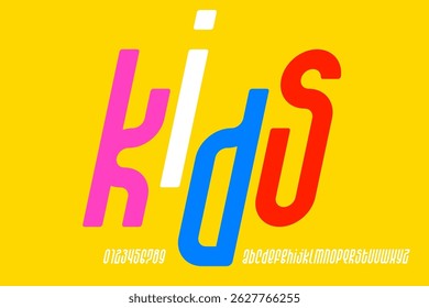 KiDs. Playful style font, alphabet letters and numbers vector illustration