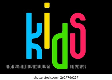KiDs. Playful style font, alphabet letters and numbers vector illustration
