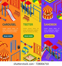 Kids Playground Banner Vecrtical Set Isometric View Outdoor Leisure for Child Amusement. Vector illustration