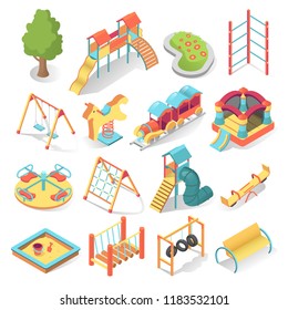 Kids playground bright equipment icon, isometric style set. Place equipped with facilities for fun and recreation by children. Vector illustration on white background