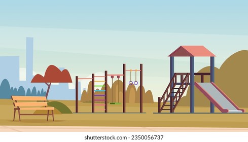 Kids playground. Cartoon background with outdoor place for kids attractions. Vector landscape