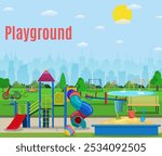 Kids playground cartoon concept background. childrens playground in a city park. Vector llustration in flat design