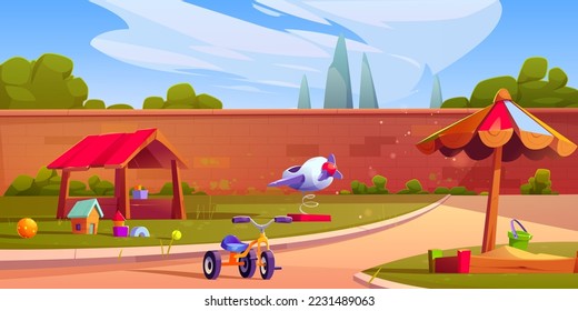 Kids playground, children area with sandbox, toys, bicycle and wooden house for playing and recreation fun. Park, garden or yard, kindergarten field with brick fence, Cartoon vector illustration