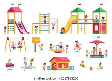 Kids playground. Children swing and slides garden, colorful bright rides, toddlers play in park, carousels and trampolines. Happy girls and boys playing outdoors vector cartoon isolated set