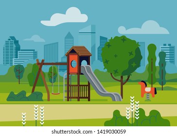 Kids playground in city park flat vector illustration. Children outdoors play area surrounded by trees with large city in the background