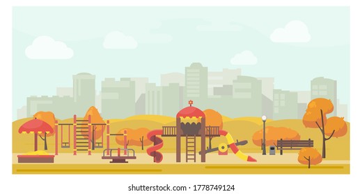 Kids playground in city park flat illustration. Stock vector. Playground design with slide, swing, carousel, sandbox. Public park autumn landscape.
