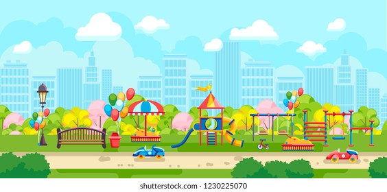 Kids Playground In City Park On Sunny Summer Day Vector Illustration