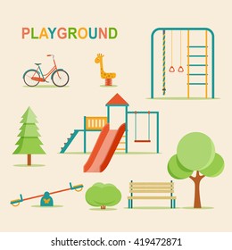 Kids playground, city park set. Kindergarten playground with swings, slide, rope, toy giraffe.Vector flat illustration.