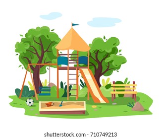 Kids playground in city park. Swings, sandbox, slide, tree and bench.  Flat style vector illustration.