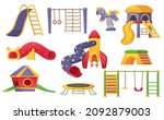 Kids playground elements, children park play equipment. Cartoon slide, swing, trampoline, horse, playset for outdoor kindergarten vector set. Sport activities or playtime for children