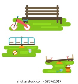 Kids playground elements for city construction to create urban background flat style vector illustration. Outdoor equipment childhood swing game ground. Kids playground flat style activity sign.