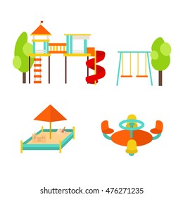 Kids Playground with Elements. City Park Set. Flat Design Style. Vector illustration