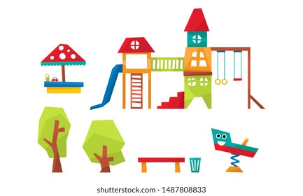 Kids Playground Elements Set, Sport and Recreation Ground Equipment, Slide, Ladder, Swing, Sandpit, Trees, Bench Vector Illustration