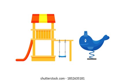 Kids Playground Elements with Slide and Merry-go-round Vector Set
