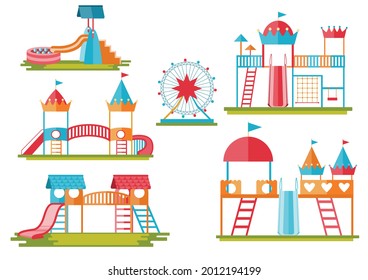 Kids playground, entertainment in the form of horizontal bars and swings,children's toys,slide, Vector illustrations.