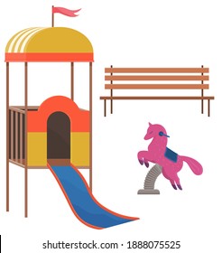 Kids playground equipment with bench, slides and swing the horse isolated on white background. Outdoor decor idea of school or public park with equipment for recreation, kid fun kit in schoolyard