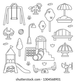 Kids playground equipment. Linear style vector illustration