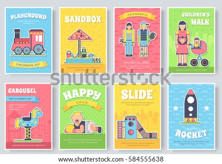 Kids playground field  brochure cards set. staff equipment template of flyear, magazine, poster, book cover, booklet, banners. Outdoor park invitation concept. Layout illustrations modern page