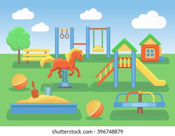 Kids playground flat concept background. Slide outdoor, sand and childhood, vector illustration