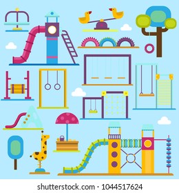 Kids playground game zone vector fun children playpark activity flat illustration. Happy children play ground outdoor summer childhood place street attractions, slide, carousel sport equipment
