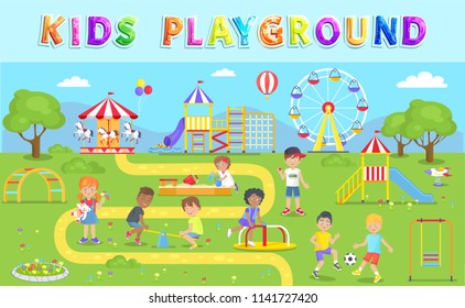Kids playground in green park vector illustration, happy children playing in summer garden with different swings, carrousel and observation wheel
