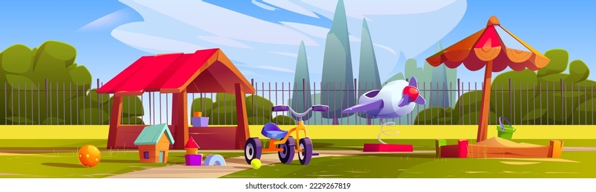 Kids playground in house or school backyard. Summer park or kindergarten yard landscape with sandbox, toys, airplane on springs and bicycle, vector cartoon illustration