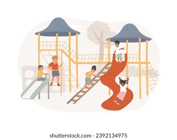 Kids playground isolated concept vector illustration. Outdoor playground, kids zone, playsets for rent, swing set, indoor play area, toddler gym room, children having fun vector concept.