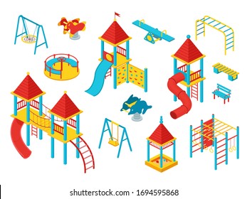 Kids Playground Isometric Set, Vector Illustration Isolated On White. Play Space Constructor For Children With Slides, Playhouses, Carousels, Swings And Ladders. Colorful Outdoors Equipment.