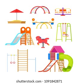 Kids playground and kindergarten, isolated icons and design elements. Swing, slide, sandbox and other outdoor play equipment. Vector cartoon illustration