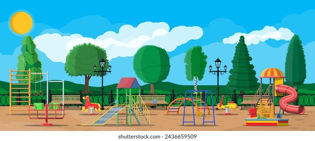 Kids playground kindergarten panorama. Urban child amusement. Slide ladder, rocking toy on spring, slide tube, swing carousel balancer, sandbox bucket rake castle scoop. Vector illustration flat style