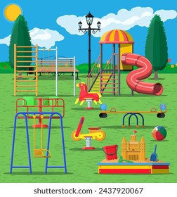 Kids playground kindergarten panorama. Urban child amusement. Slide ladder, rocking toy on spring, slide tube, swing carousel balancer, sandbox bucket rake castle scoop. Vector illustration flat style