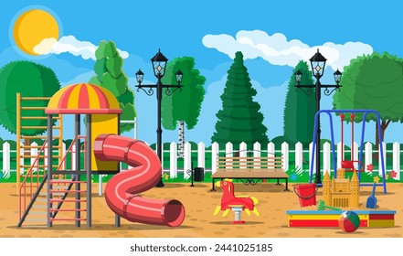 Kids playground kindergarten panorama. Urban child amusement. Slide ladder, rocking toy on spring, slide tube, swing carousel balancer, sandbox bucket rake castle scoop. Vector illustration flat style